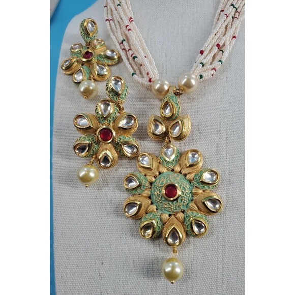 Statment Necklace And Earring Set Boho Ethnic Fairy Beaded Flower India - Picture 1 of 12